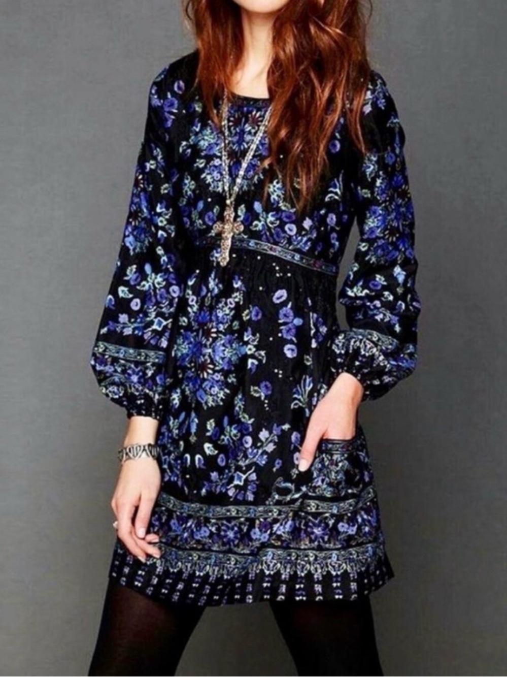 Free People Russian Doll Sequin Tunic Dress Boho Black Blue Floral NEW Whimsy 10